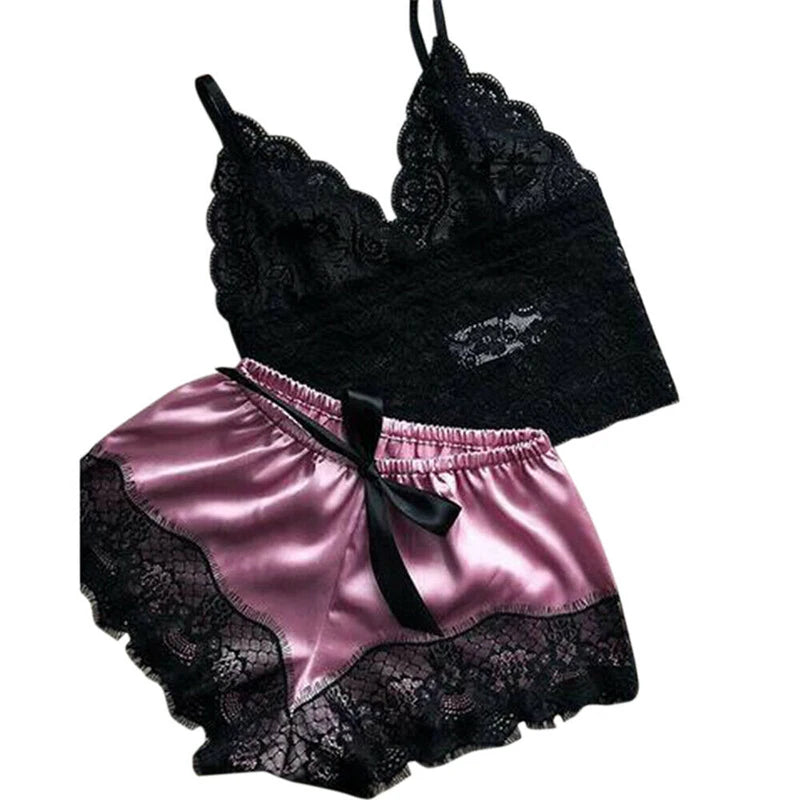 1 Set Womens Lace Sleepwear Lingerie Tops Shorts Set Babydoll Pajamas Nightwear Ultra Thin Hollow Out Nightclothe S/M/L/XL/2XL