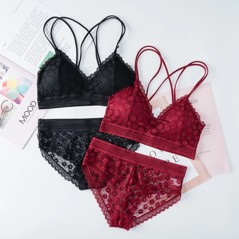 Women Lace Bra Sets Seamless Underwear Backless Vest Adjusted-straps Lingerie Floral Soft Comfortable Underwear Set