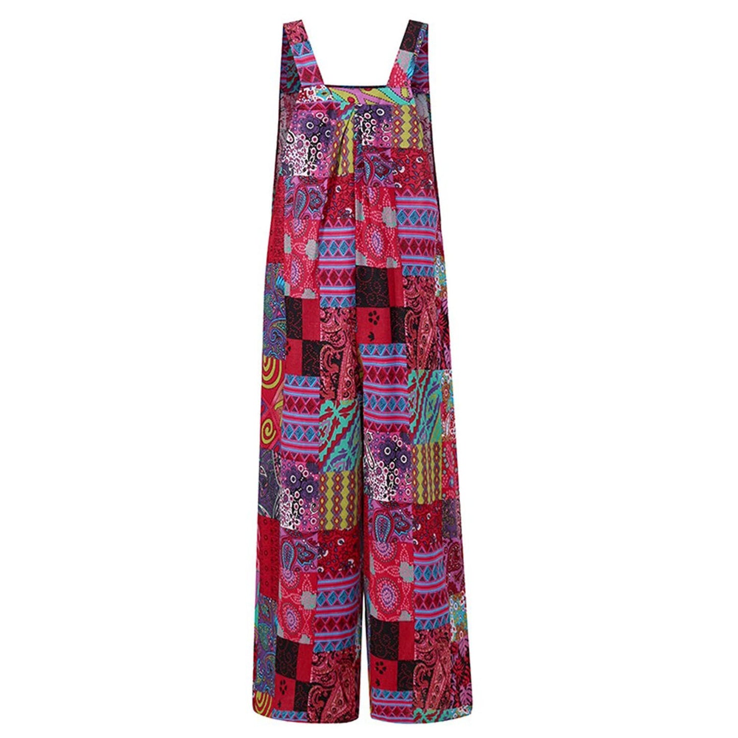 Women Ethnic Style  Jumpsuits Summer Overalls Multicolor  Square Neck Sleeveless Casual Rompers with Pockets for Girls Playsuit