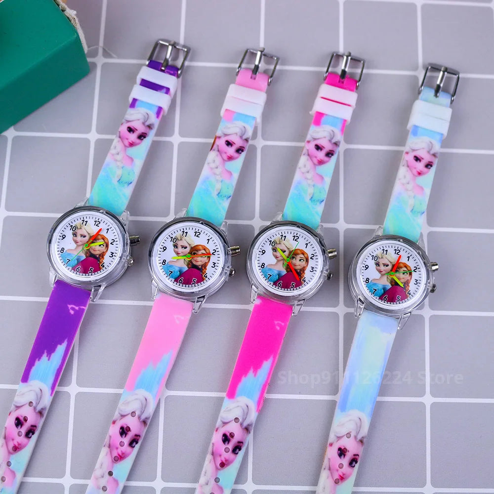 Disney Princess Elsa Kids Watches Girls Silicone Strap Cartoon Luminous Light Children Wrist Watch Toys Clock reloj infantil