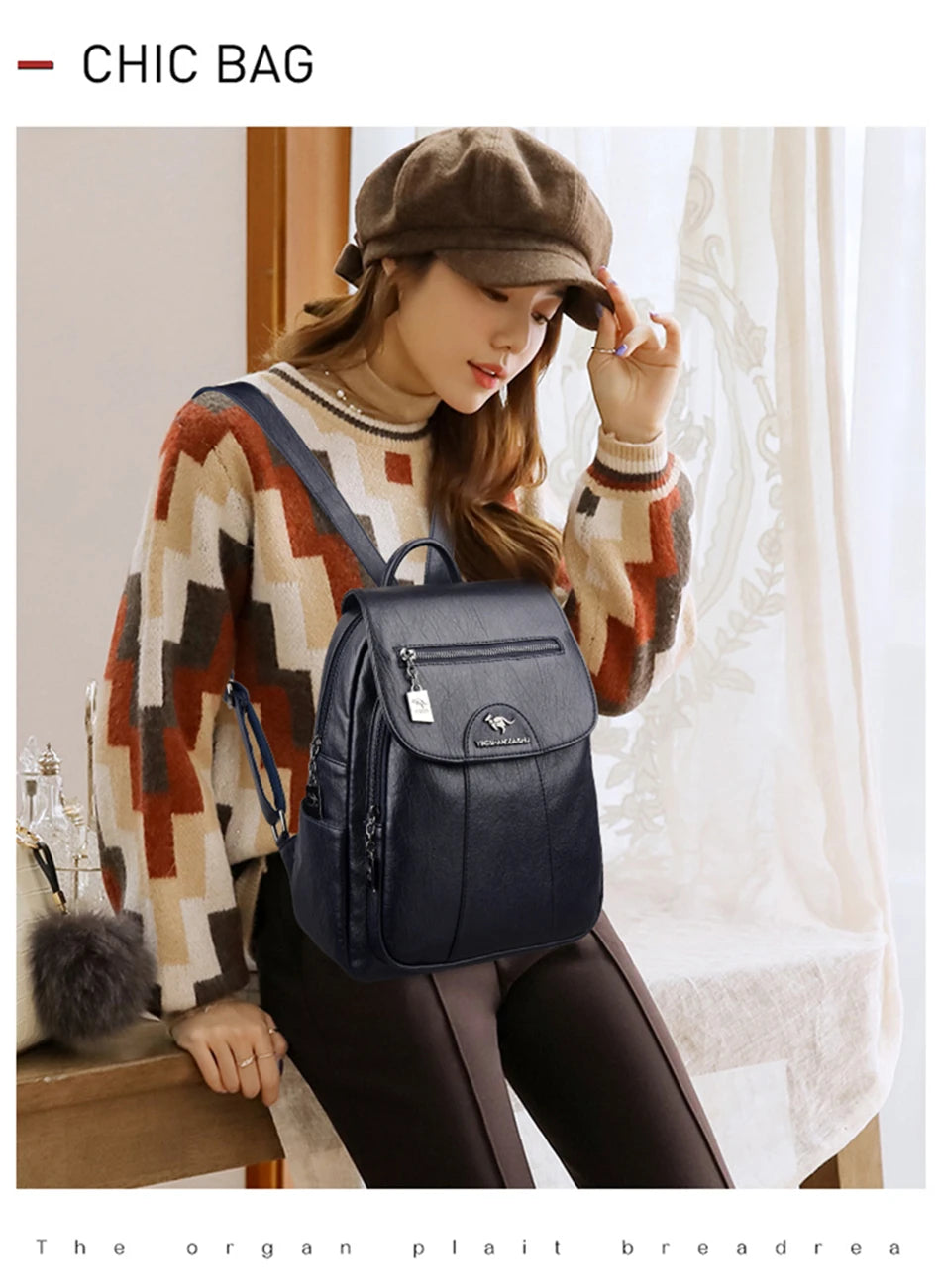 Women 's Backpack 2022 New High Quality Soft Leather Leisure Travel Large Capacity School Bags for Teenage Girls Black Mochila