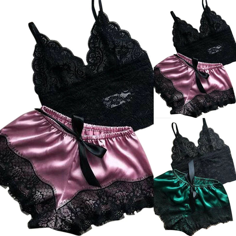 1 Set Womens Lace Sleepwear Lingerie Tops Shorts Set Babydoll Pajamas Nightwear Ultra Thin Hollow Out Nightclothe S/M/L/XL/2XL