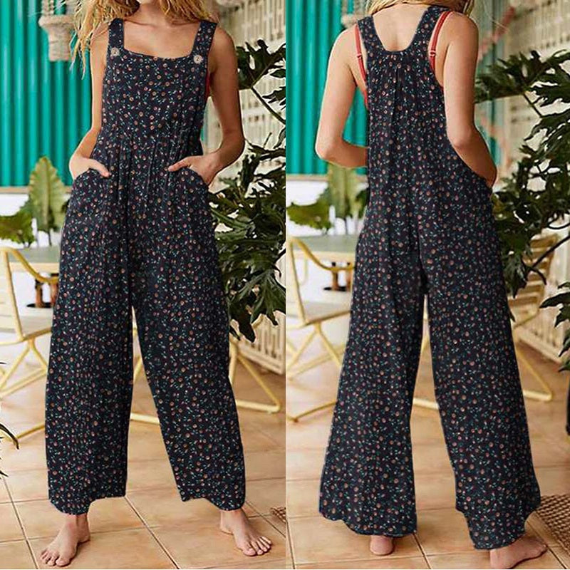 Summer New Women Casual Loose Flower Print Jumpsuits Women's Overalls Boho Sleeveless Square Collar Jumpsuits Rompers