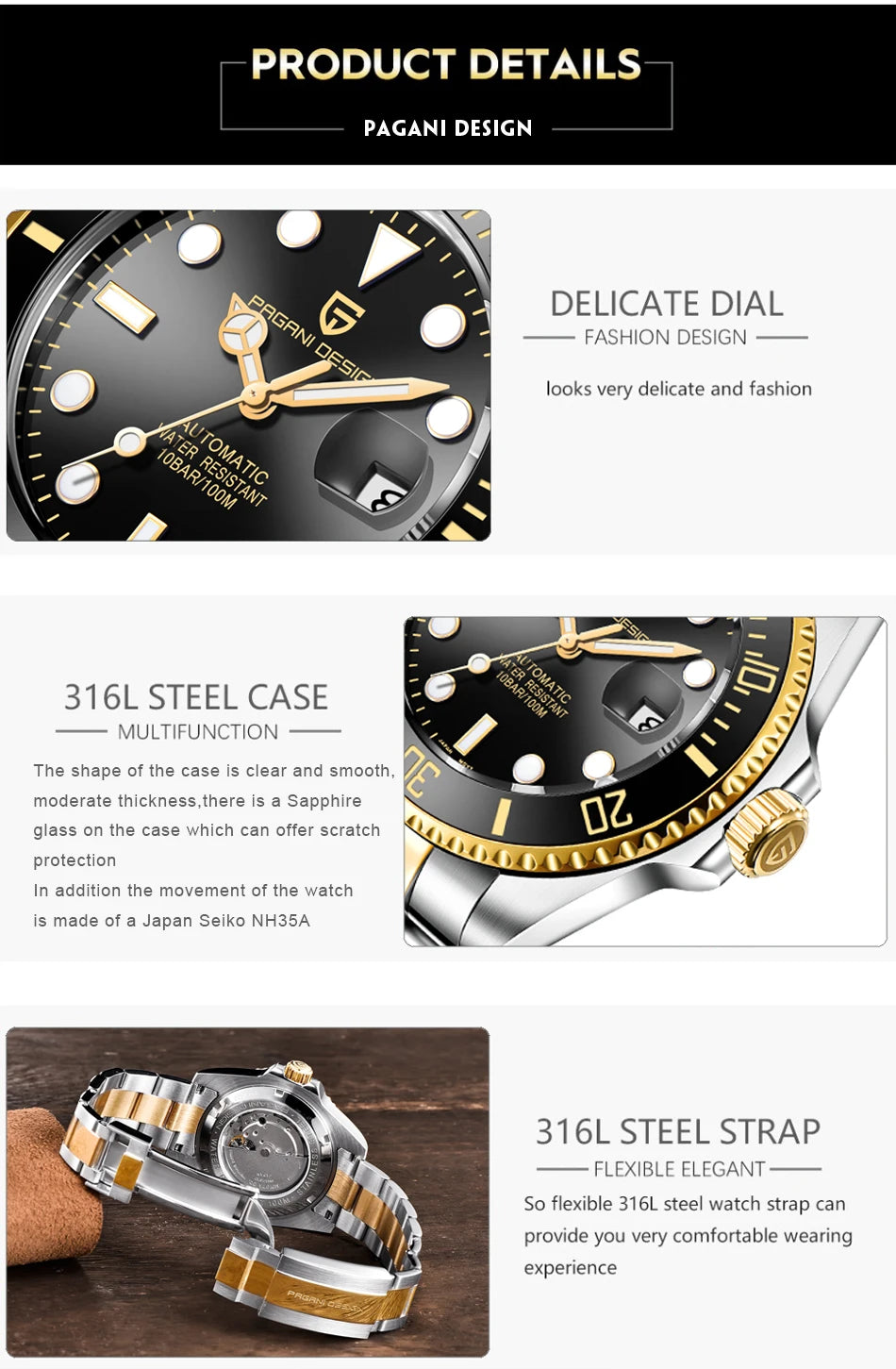 PAGANI DESIGN NH35 Watch for Men Luxury Sapphire Glass Waterproof Mechanical Wristwatch Stainless Steel Men's Automatic Watch