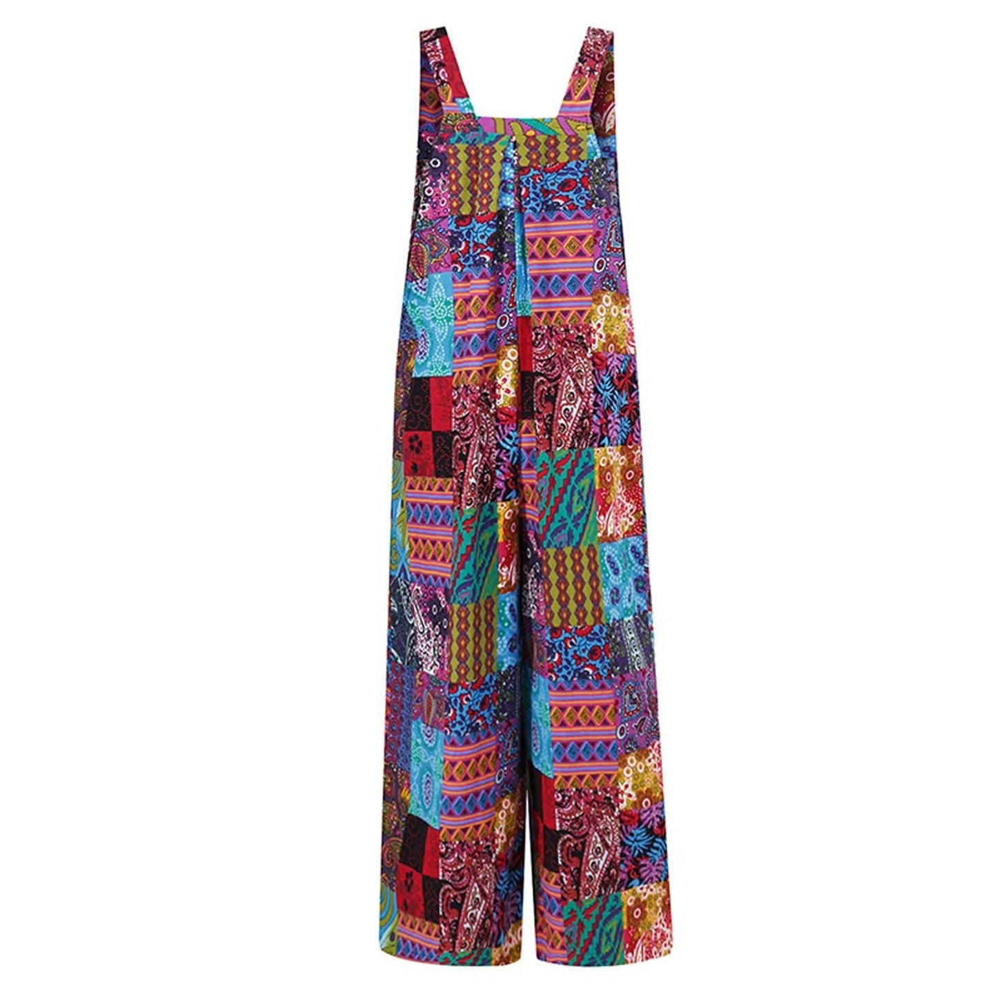 Women Ethnic Style  Jumpsuits Summer Overalls Multicolor  Square Neck Sleeveless Casual Rompers with Pockets for Girls Playsuit