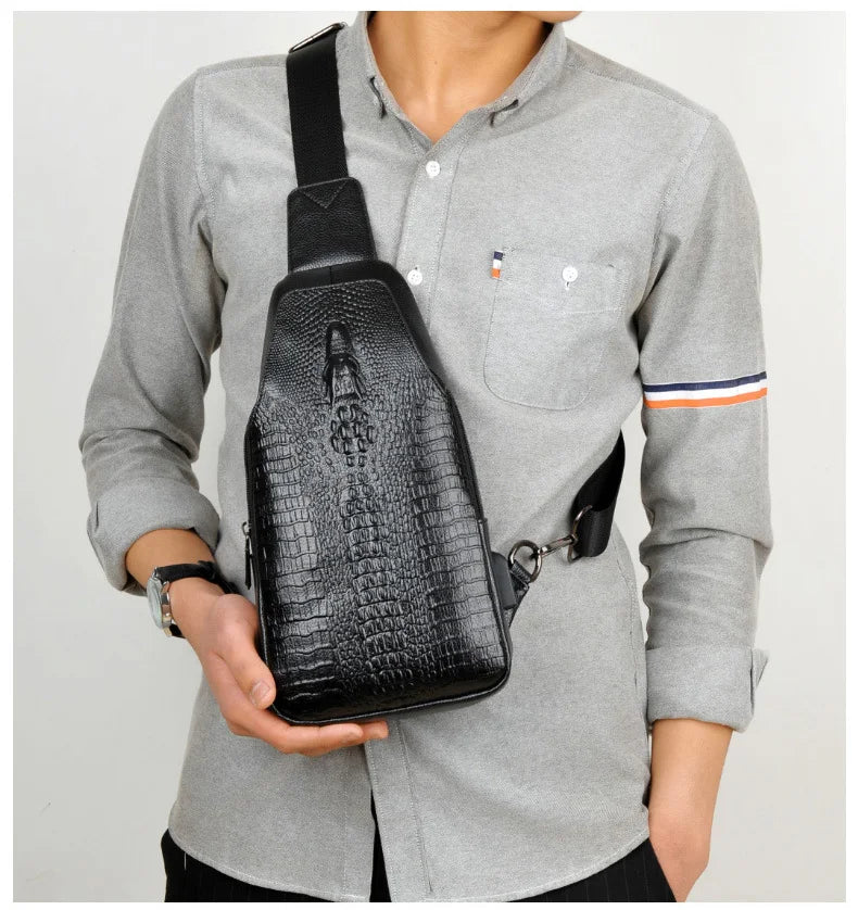 New Men Chest Bag Messenger Bag Leather USB Charging Chest Pack Alligator Casual Crossbody Bag Male Crocodile Pattern Sling Bags