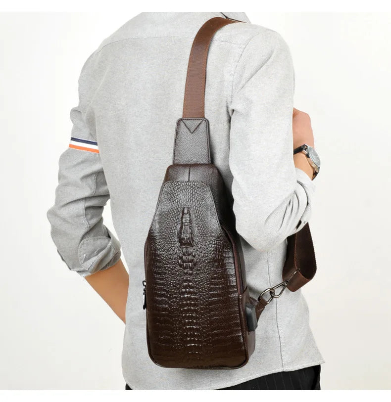 New Men Chest Bag Messenger Bag Leather USB Charging Chest Pack Alligator Casual Crossbody Bag Male Crocodile Pattern Sling Bags