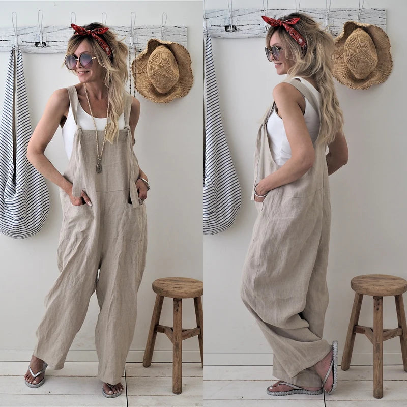 Rompers 2020 New Brand Women Casual Loose Cotton Linen Solid Pockets Jumpsuit Overalls Wide Leg Cropped Pants hot