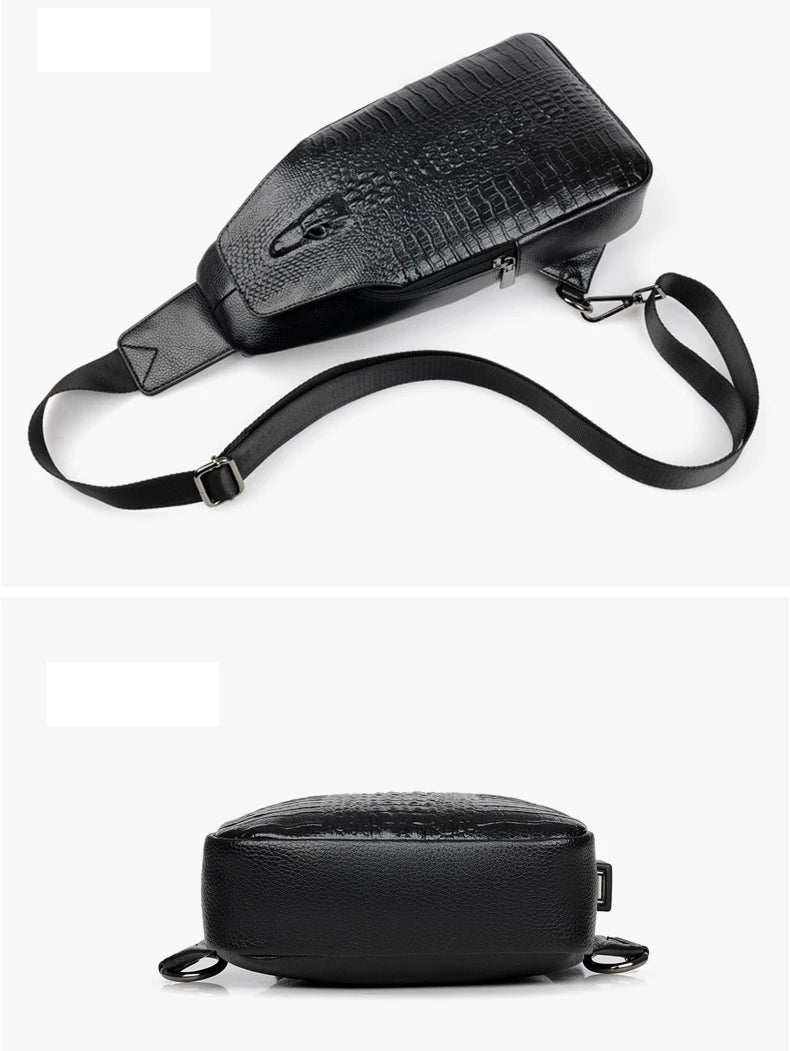 New Men Chest Bag Messenger Bag Leather USB Charging Chest Pack Alligator Casual Crossbody Bag Male Crocodile Pattern Sling Bags