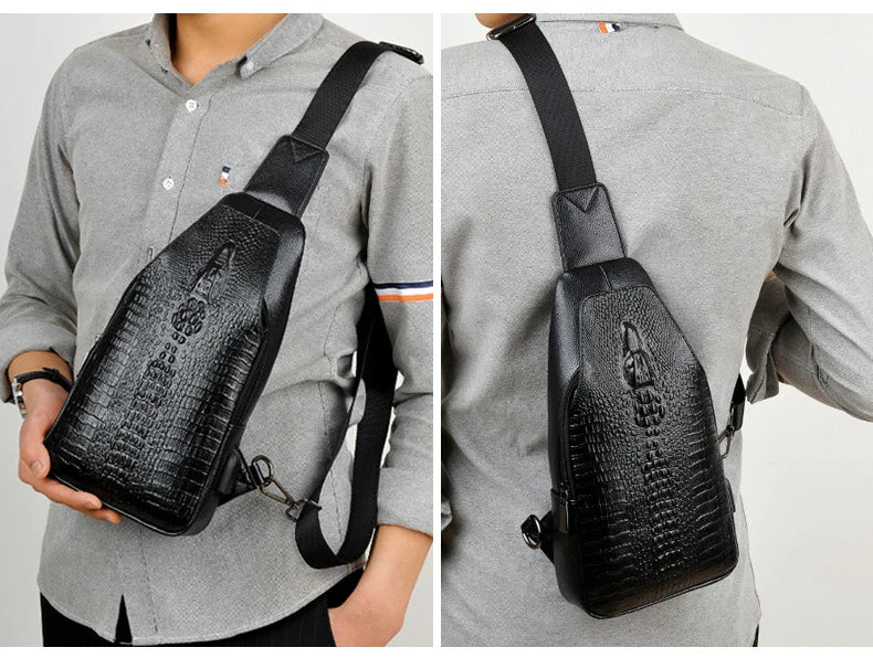 New Men Chest Bag Messenger Bag Leather USB Charging Chest Pack Alligator Casual Crossbody Bag Male Crocodile Pattern Sling Bags