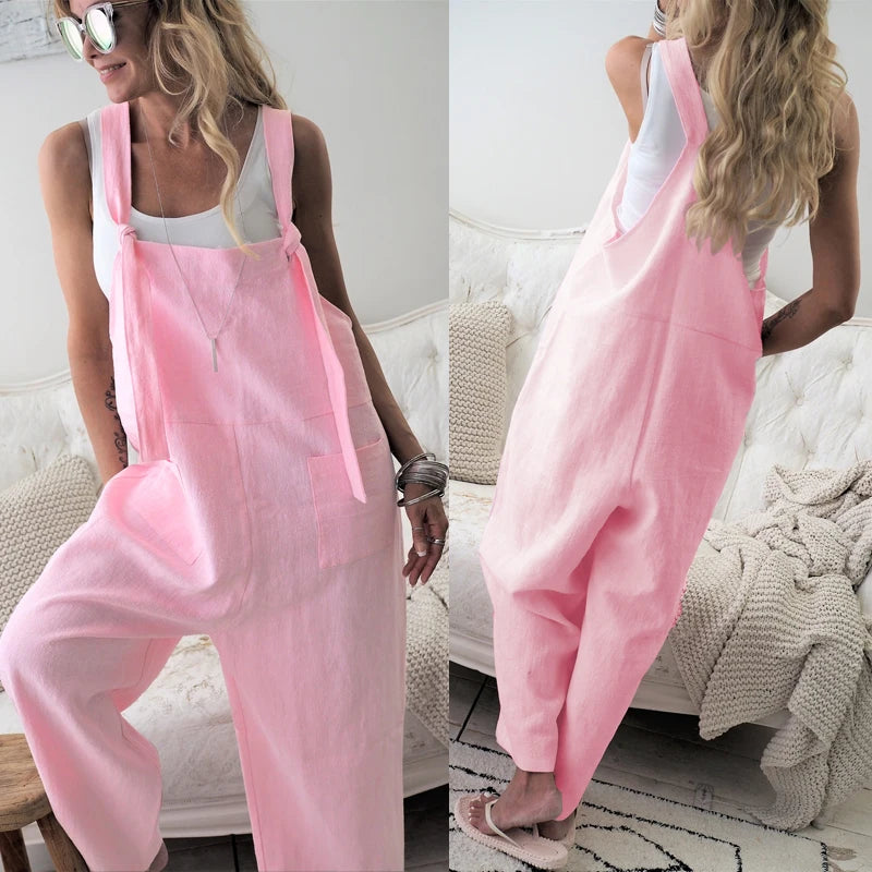 Rompers 2020 New Brand Women Casual Loose Cotton Linen Solid Pockets Jumpsuit Overalls Wide Leg Cropped Pants hot