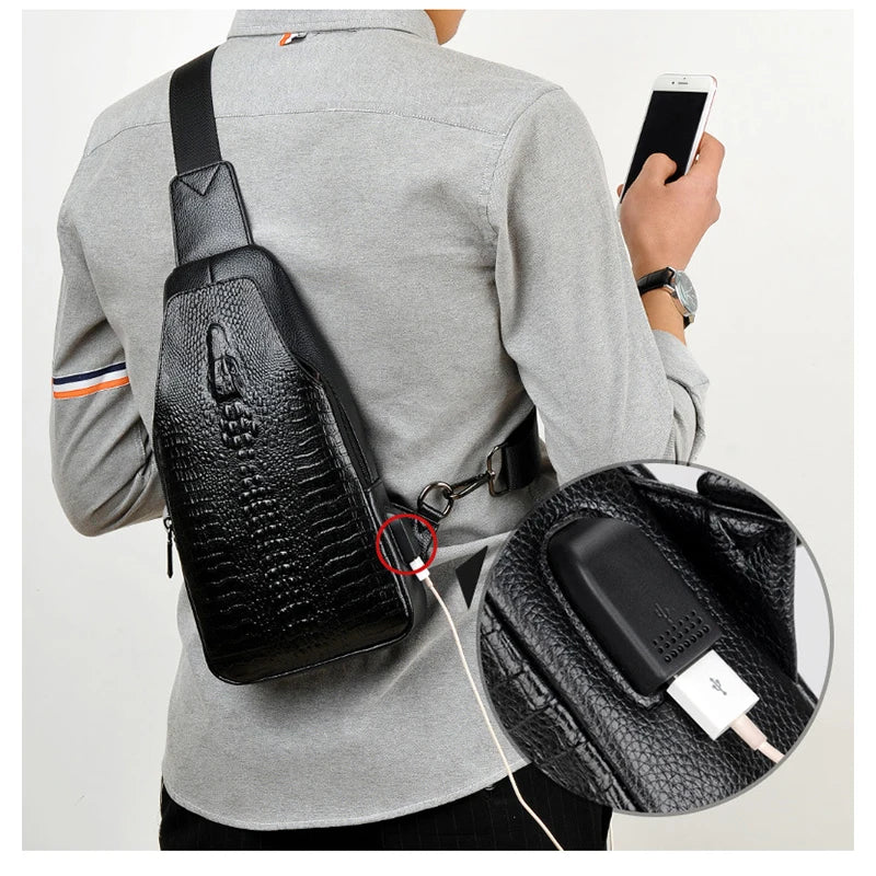 New Men Chest Bag Messenger Bag Leather USB Charging Chest Pack Alligator Casual Crossbody Bag Male Crocodile Pattern Sling Bags