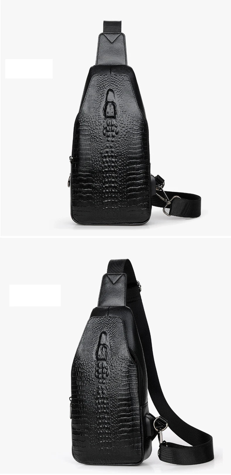 New Men Chest Bag Messenger Bag Leather USB Charging Chest Pack Alligator Casual Crossbody Bag Male Crocodile Pattern Sling Bags