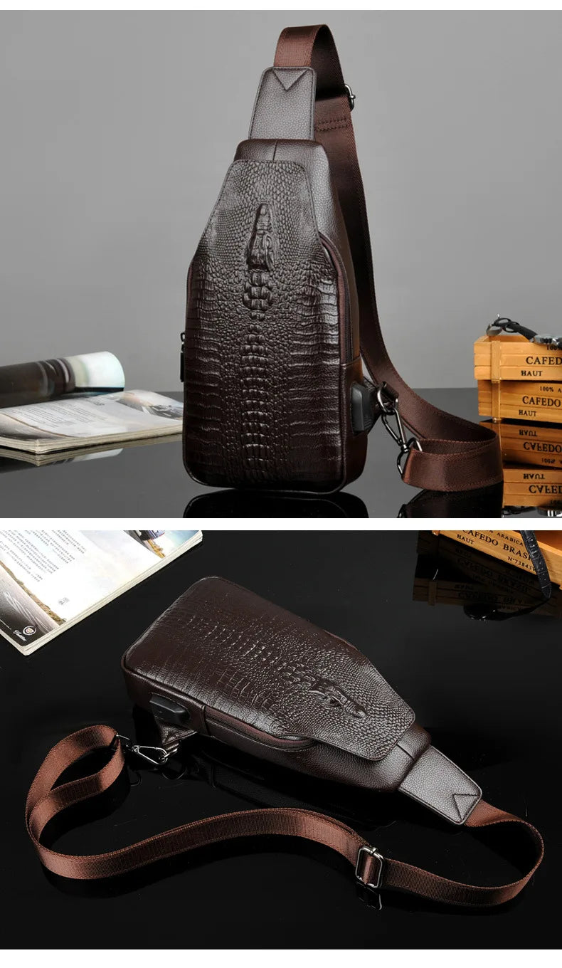 New Men Chest Bag Messenger Bag Leather USB Charging Chest Pack Alligator Casual Crossbody Bag Male Crocodile Pattern Sling Bags