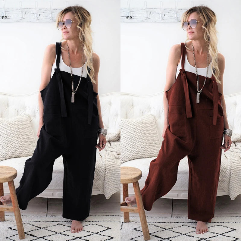 Rompers 2020 New Brand Women Casual Loose Cotton Linen Solid Pockets Jumpsuit Overalls Wide Leg Cropped Pants hot