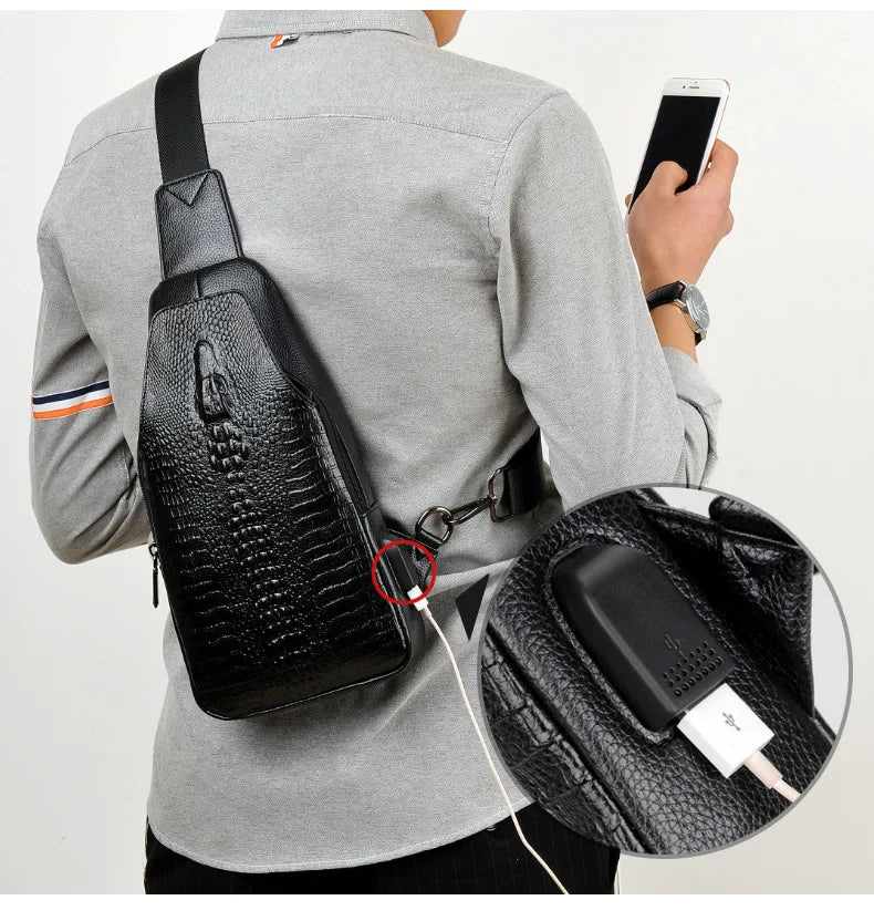 New Men Chest Bag Messenger Bag Leather USB Charging Chest Pack Alligator Casual Crossbody Bag Male Crocodile Pattern Sling Bags