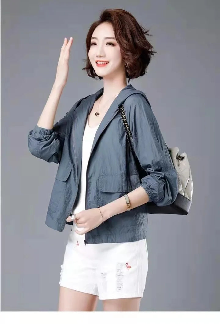 Korean Fashion New Summer Casaco Feminino Solid Color Women's Spring Jacket 2024 All-Match Jackets Hooded Thin Sunscreen Coat