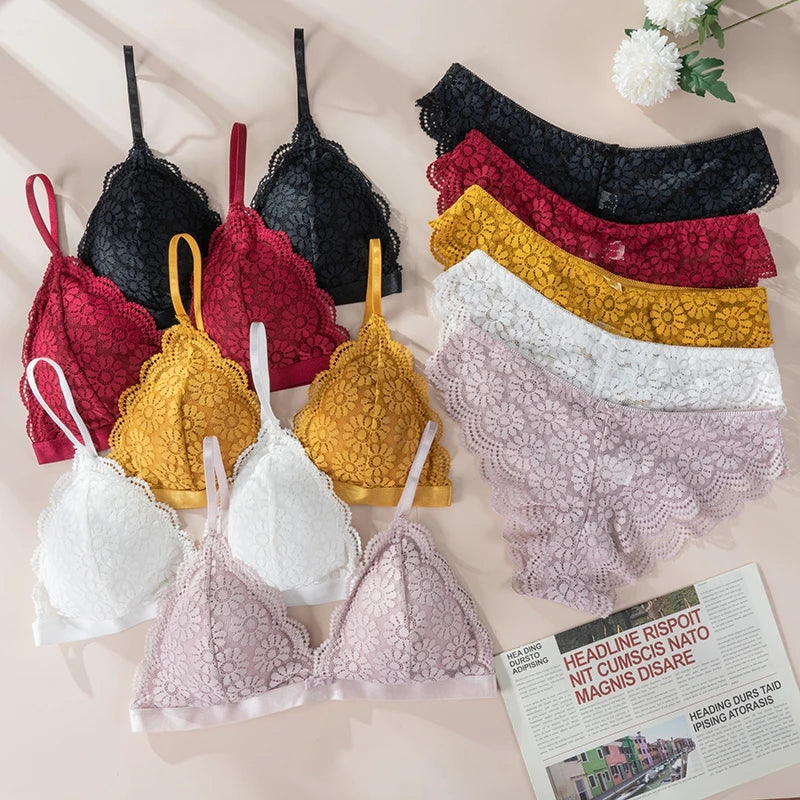 Women Lace Bra Sets Seamless Underwear Backless Vest Adjusted-straps Lingerie Floral Soft Comfortable Underwear Set