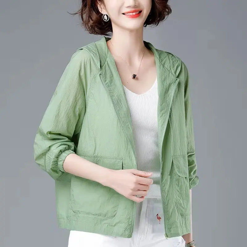 Korean Fashion New Summer Casaco Feminino Solid Color Women's Spring Jacket 2024 All-Match Jackets Hooded Thin Sunscreen Coat