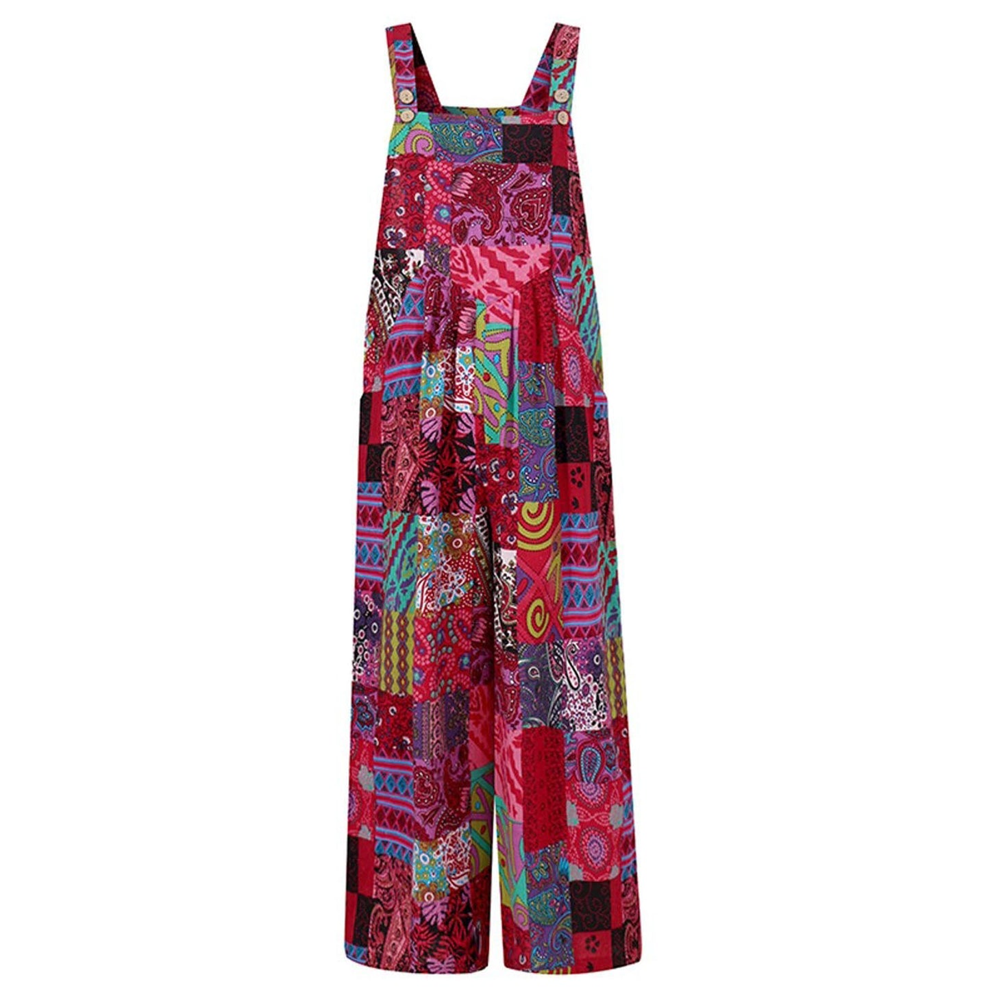 Women Ethnic Style  Jumpsuits Summer Overalls Multicolor  Square Neck Sleeveless Casual Rompers with Pockets for Girls Playsuit