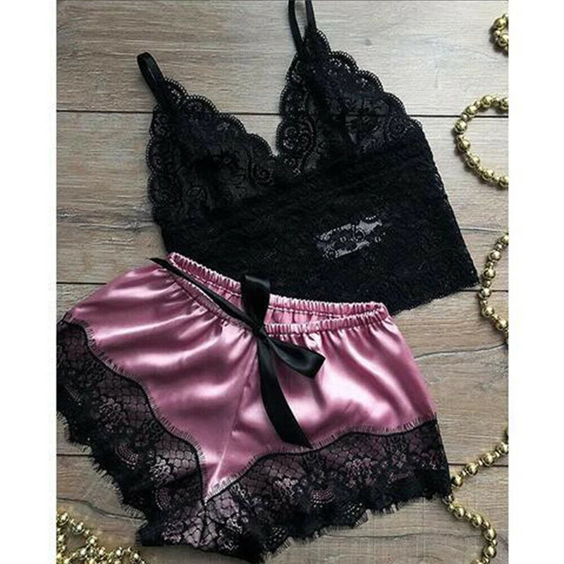 1 Set Womens Lace Sleepwear Lingerie Tops Shorts Set Babydoll Pajamas Nightwear Ultra Thin Hollow Out Nightclothe S/M/L/XL/2XL