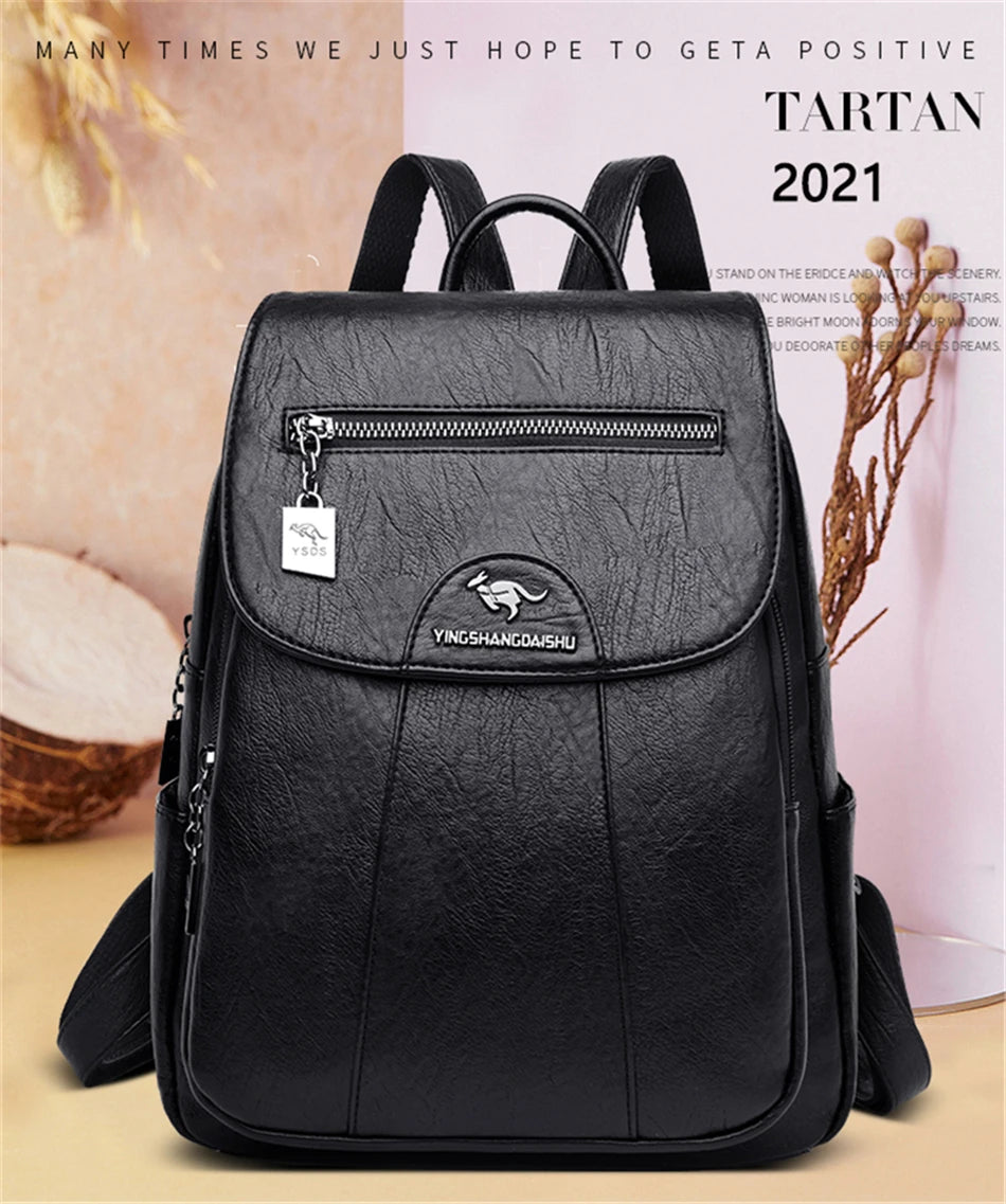 Women 's Backpack 2022 New High Quality Soft Leather Leisure Travel Large Capacity School Bags for Teenage Girls Black Mochila