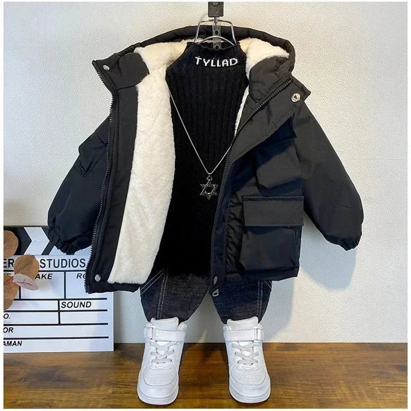 2023 Winter Boys Jacket Children Clothing Keep Warm Cotton Thicken Coats Kids Zipper Hooded Outerwear Plus Velvet Jackets