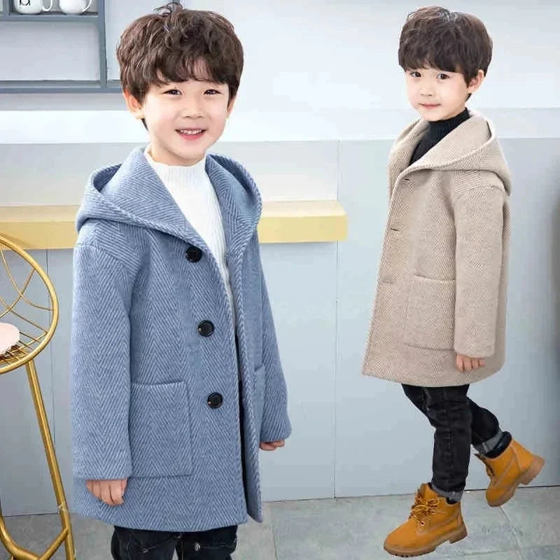 Winter Woolen Jacket For Boy New 2024 Korean Version Fashion Thickening Handsome Mid-Length Keep Warm Casual Children's Clothing