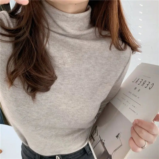 Winter Semi High Collar Long Sleeved T-shirt Women Solid Color Casual Slim Basic Inner Fashion Elegant Warm Gray T Shirt Top