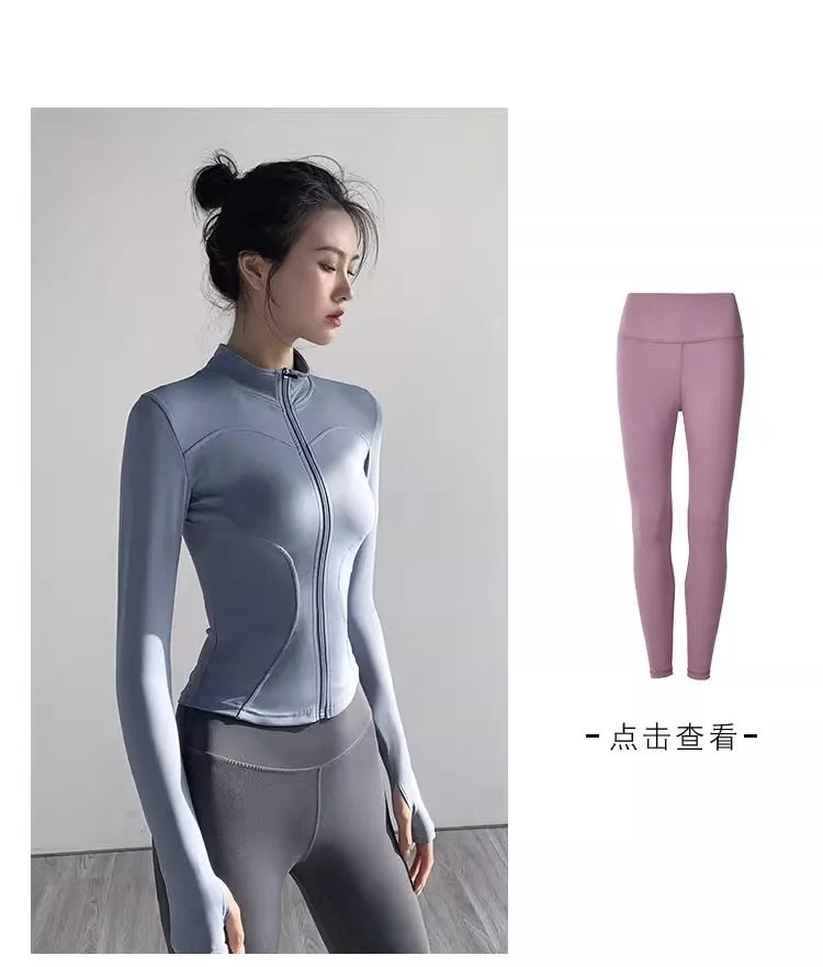 Women Zip Fitness Clothes Long Sleeve Sports Jacket with Pockets Yoga Shirt Quick Dry Gym Top Sunscreen Sportswear Running Coats