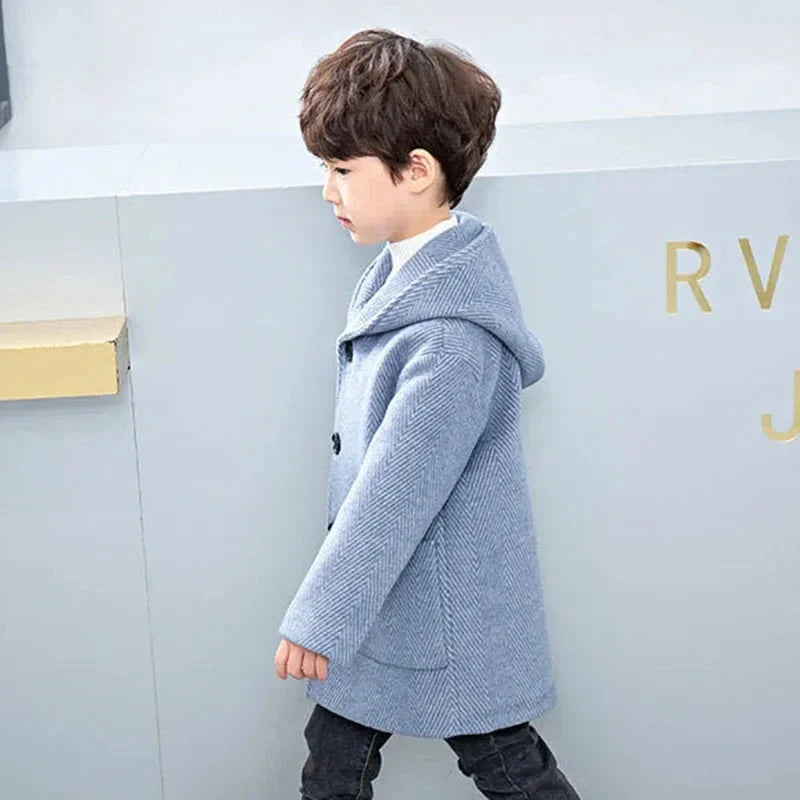 Winter Woolen Jacket For Boy New 2024 Korean Version Fashion Thickening Handsome Mid-Length Keep Warm Casual Children's Clothing