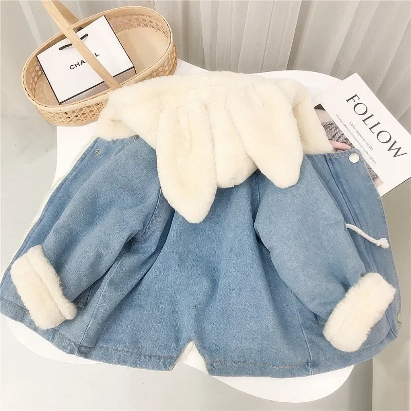 Jacket for Girls Boy Children's Denim Jackets Warm Fur Cowboy Coat Baby Rabbit Ear Hooded Velvet Outerwear Kids Winter Clothes