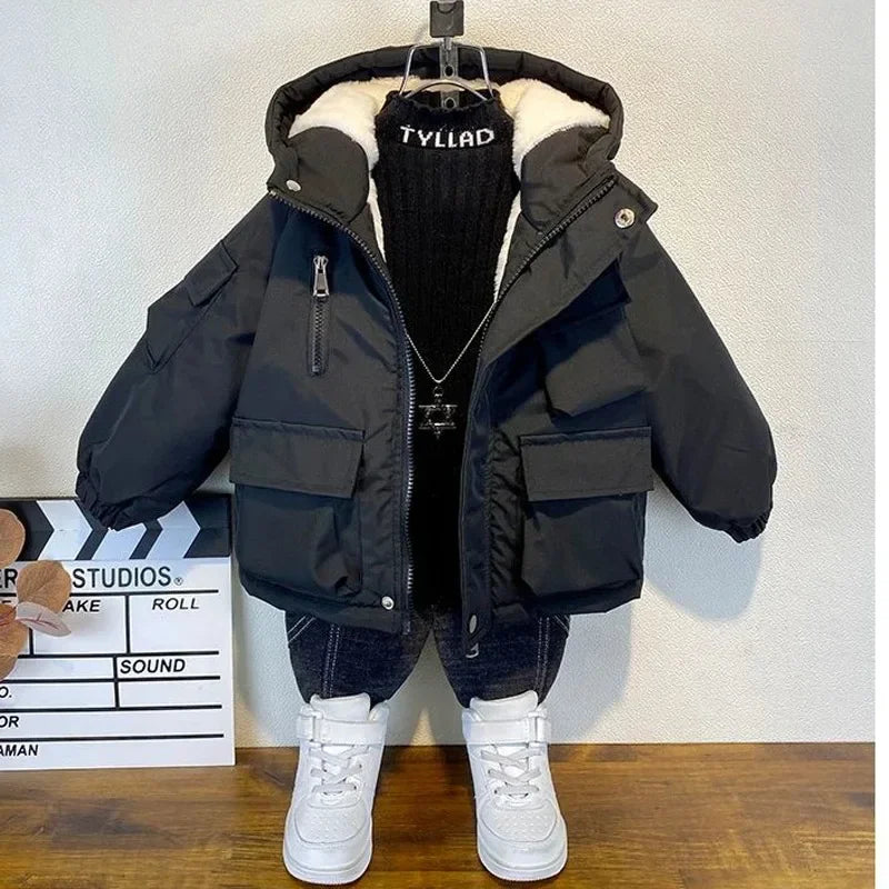 2023 Winter Boys Jacket Children Clothing Keep Warm Cotton Thicken Coats Kids Zipper Hooded Outerwear Plus Velvet Jackets