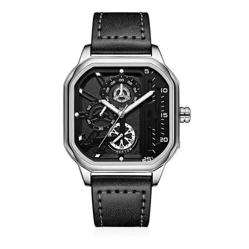 YIKAZE Alloy Men Quartz Watches Leather Strap Big Dial Student Square Sports Watch Cool Black Men's Watch Waterproof  Wristwatch