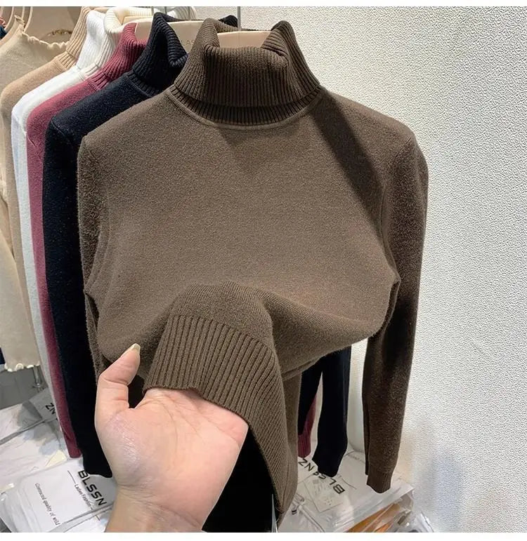 Turtleneck Plush Fleece Sweater Women Winter Fashion Elastic Thicken Pullovers Warm Casual Basic Solid Bottoming Sweater