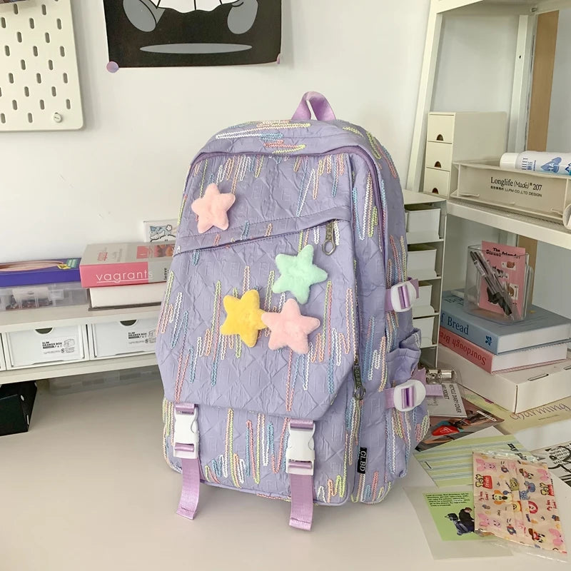 2024 College School Bags Large Capacity Bagpack Star Decor Teenager Backpacks Korean Version Fashion Knapsack Aesthetic Bookbags