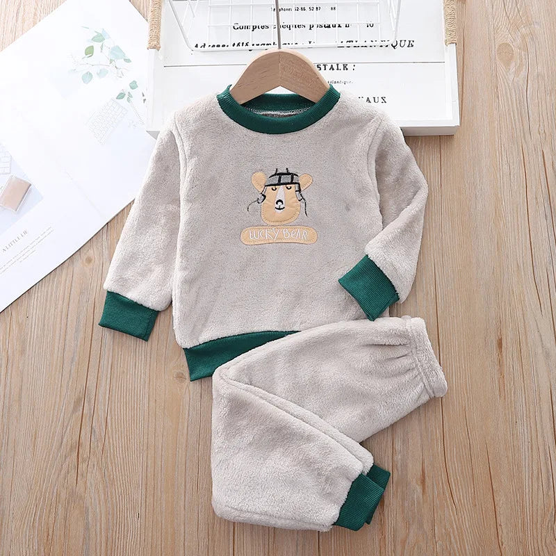 Autumn Winter Clothes Warm Kids Loungewear Suit Baby Girls Boys Velvet Cartoon Tops+Pant Children Homewear Set 1-6Years Kids Set