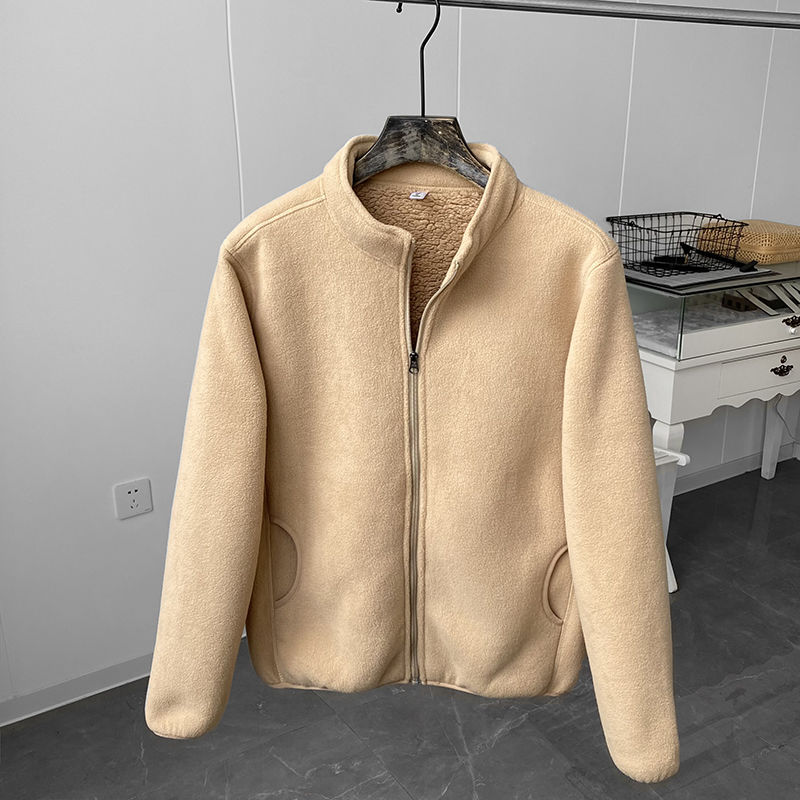 Winter Fleece Jacket Solid Color Sherpa Casual Coat Thick Warm Stand Collar Zip Up Outdoor Windbreak Jacket soft Comfortable