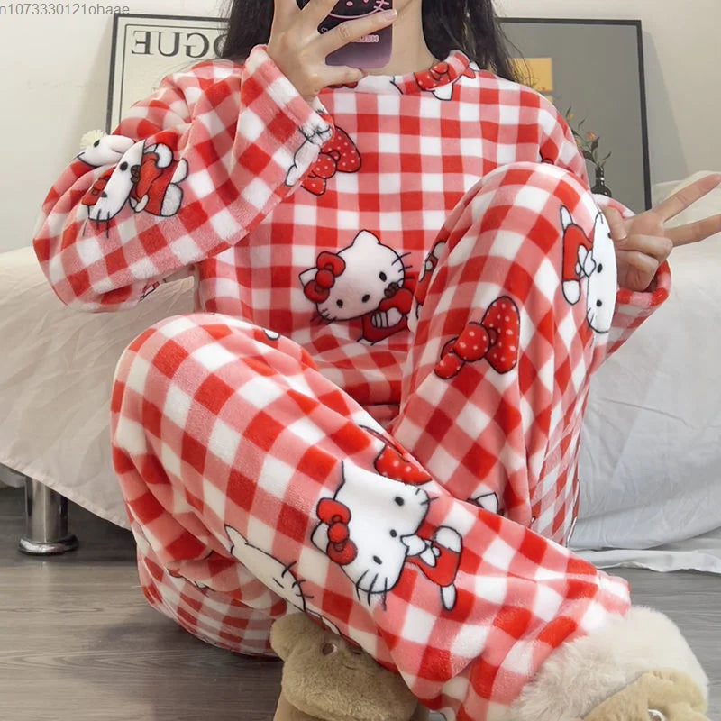 Sanrio Hello Kitty Home Clothes Red Plaid Plush Top Pullover Pants Women 2 Piece Set Cartoon Soft Flannel Cute Pajamas Suit Y2k