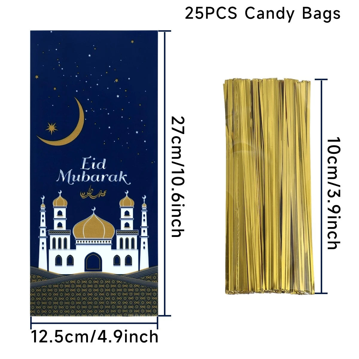 50pcs Eid Mubarak Gift Bags Plastic Bag Cookie Candy Ramadan Kareem Decoration 2024 Islamic Muslim Party Packaging Bag Pouch