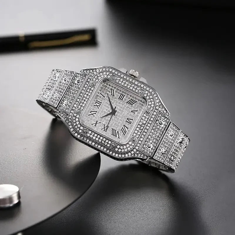 2Pcs Set Diamond Women Watches Gold Watch Ladies Wrist Watches Luxury Brand Rhinestone Womens Bracelet Watches