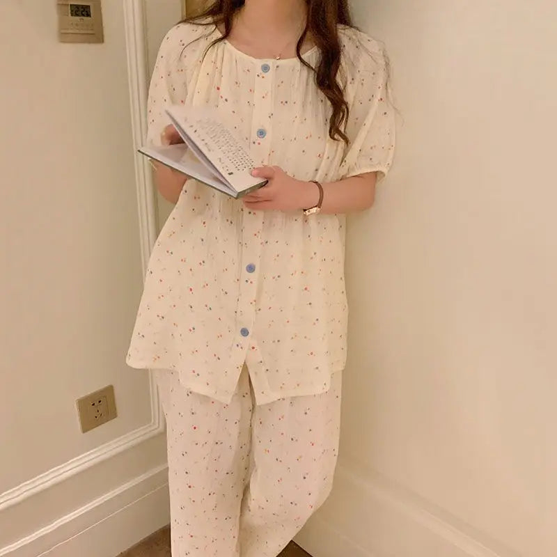 Spring Summer Floral Women Short Sleeves Pajamas Trousers Plaid 2 Piece Sets Leisure Home Clothes Various Colors Available