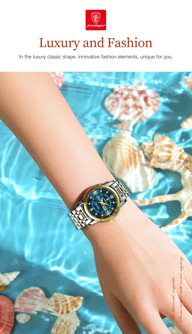 POEDAGAR Luxury Women's Quartz Watches Luminous Waterproof Date Week Women Wristwatch Elegant Dress Stainless Steel Ladies Watch