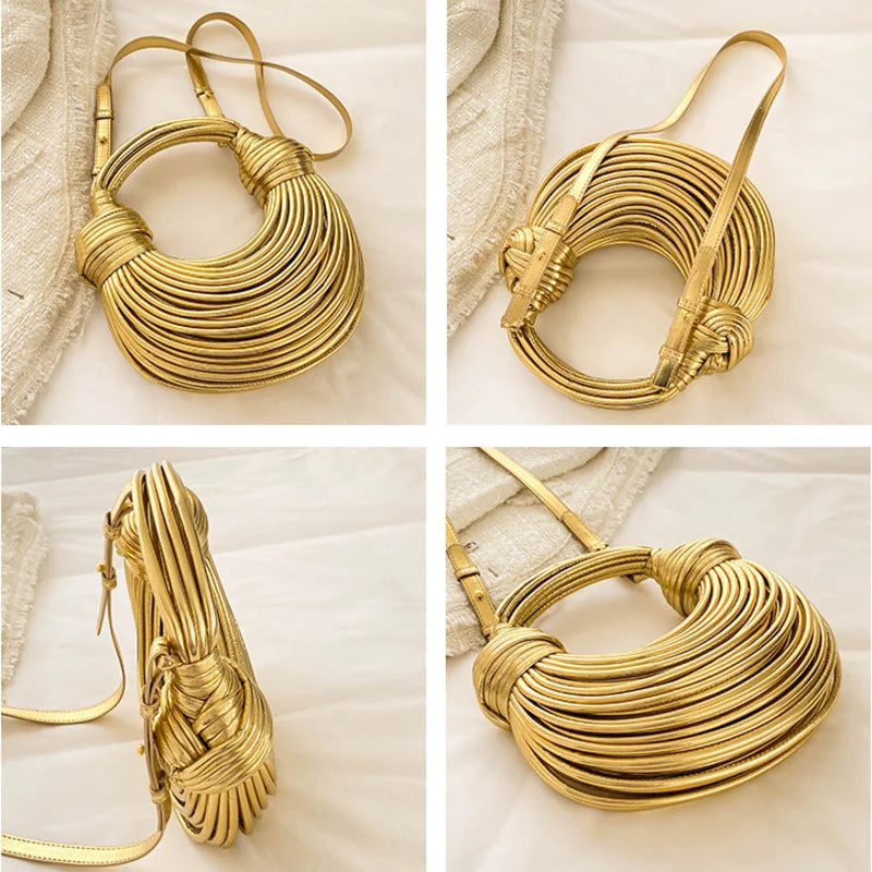 Handbags for Women 2024 New Gold Luxury Designer Brand Handwoven Noodle Bags Rope Knotted Pulled Hobo Silver Evening Clutch Chic