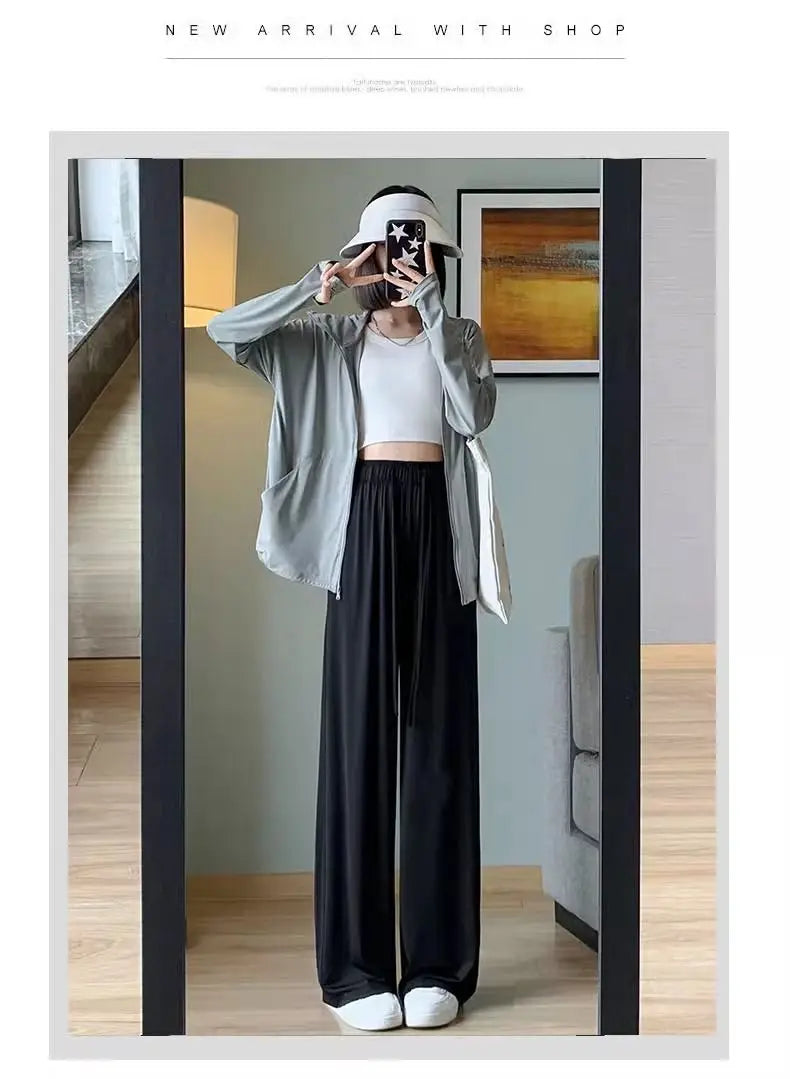 Summer High Waisted Wide Leg Pants Thin Sun Protection Elastic Waist Ice Silk Cool Quick Drying Casual Trousers Women Clothing