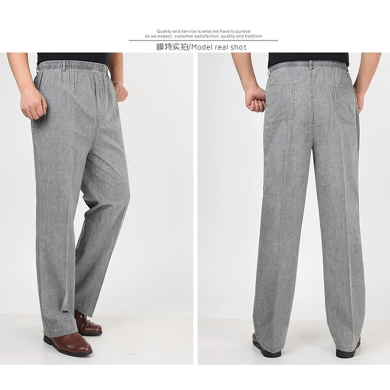 Mens Cotton Linen Long Pants Summer Elastic Waist Trousers Solid Breathable High Waist Loose Leisure Resort Thin Straight Pants