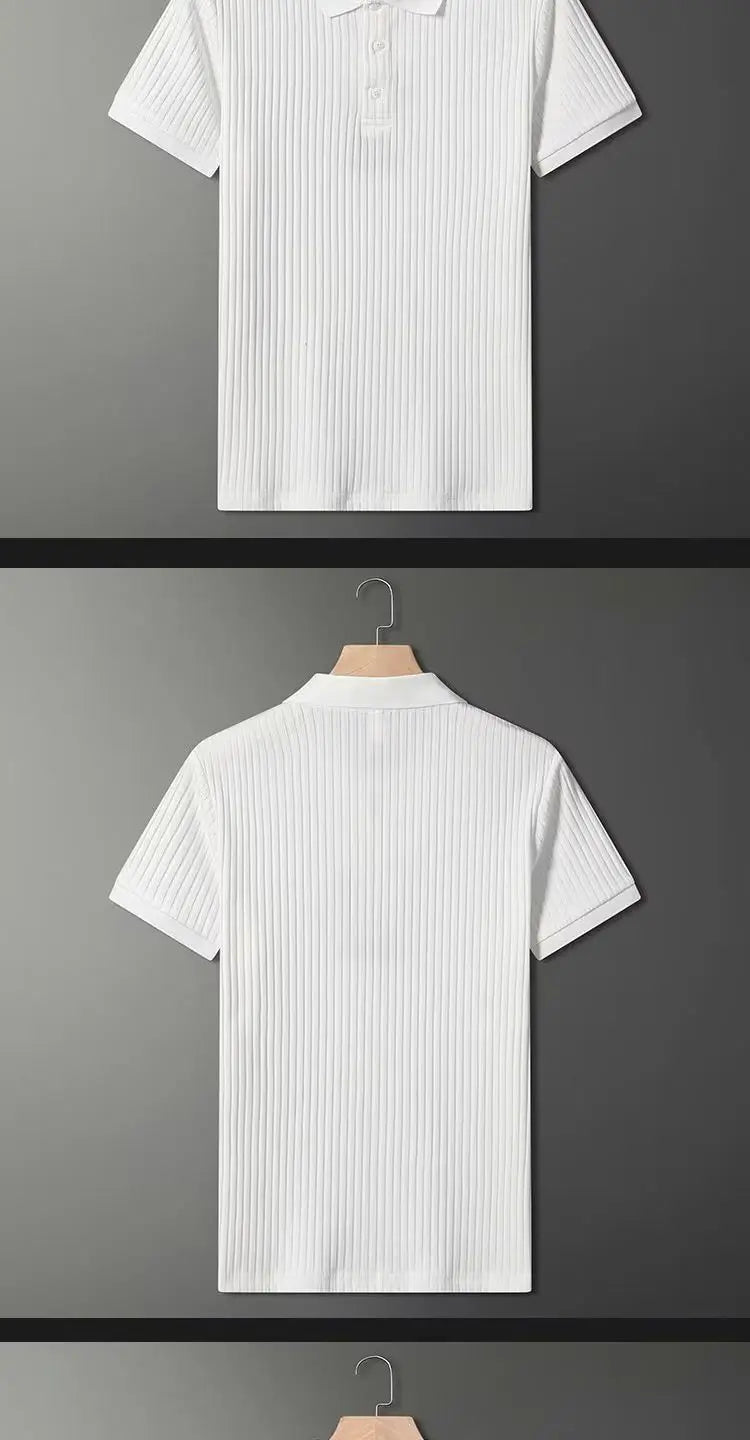 Men Polo Shirt Stripes Short Sleeve T-shirt Male Breathable Tops Business Turn Down Collar Luxury Handsome Elasticity Pullover