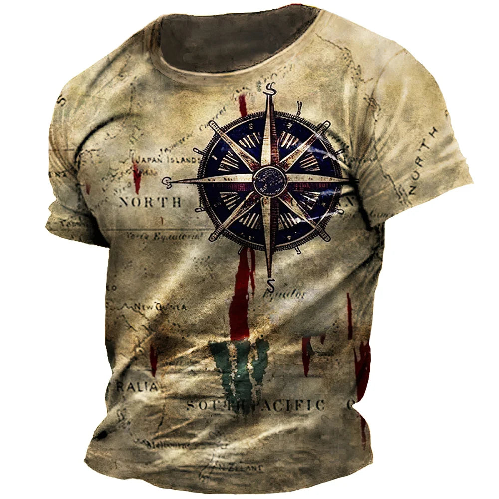 Men's Vintage Nautical Map Compass Print T-Shirt Summer Daily Loose Short Sleeve Male Tops Casual Tees Unisex Clothing Apparel