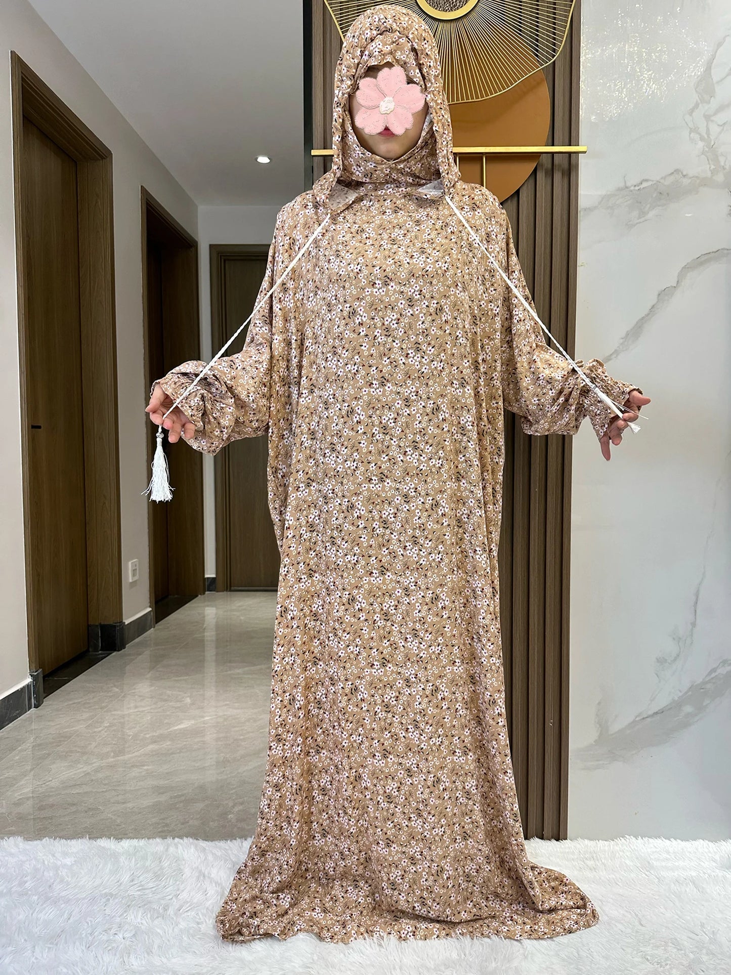 New Ramadan Muslim Two Hats Abaya Dubai Turkey Islam Prayer Clothes Floral Cotton Long Dress Islam Women Dress Kaftan