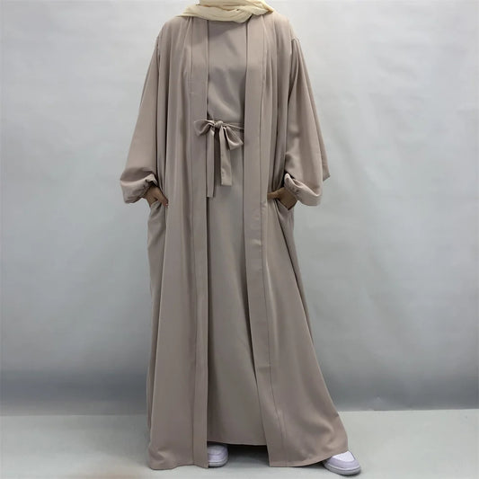 Dropshipping Nida 2 Piece Abaya Set Kimono Match Inner Slip Islamic Clothing Dubai Muslim Women Maxi Dresses with Belt Pockets